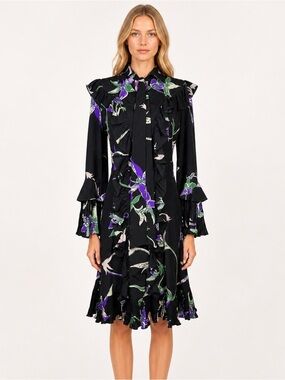 La DoubleJ Orchidee Nero Silk Ruffle Dress Pleated Sleeve Archive Italy M